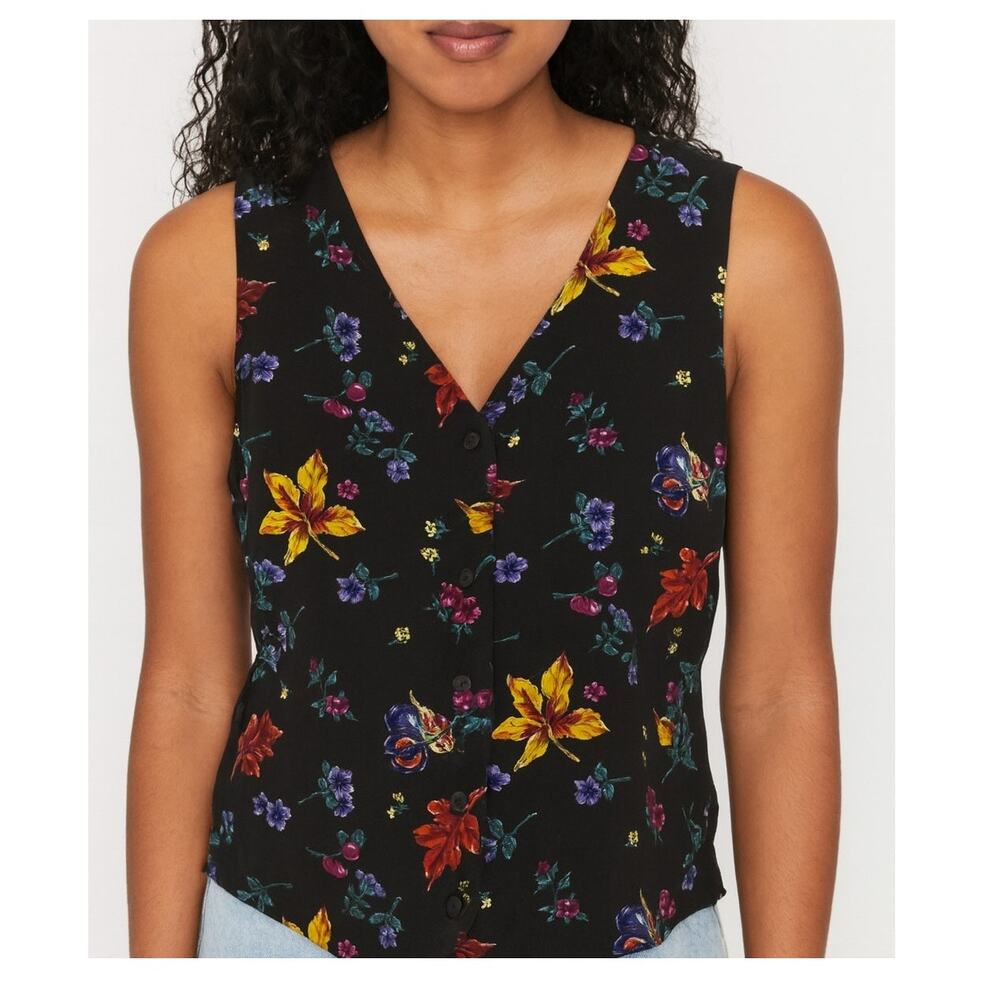 BonWorth Black Floral Button Down Vest Medium Bright Print